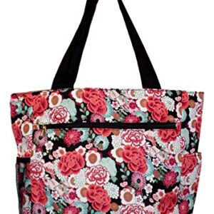 Large Multi - Pocket Fashion Zipper Top Beach Bag Tote - Custom Embroidery Available (Garden Floral)