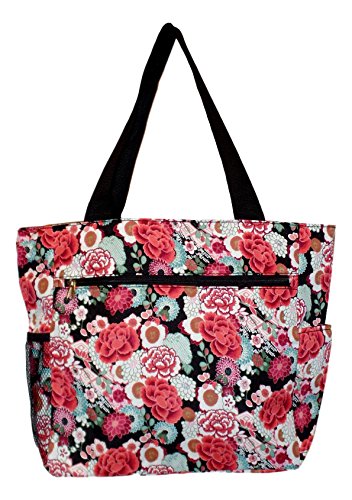 Large Multi - Pocket Fashion Zipper Top Beach Bag Tote - Custom Embroidery Available (Garden Floral)