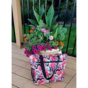 Large Multi - Pocket Fashion Zipper Top Beach Bag Tote - Custom Embroidery Available (Garden Floral)