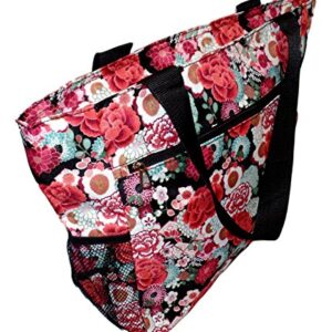 Large Multi - Pocket Fashion Zipper Top Beach Bag Tote - Custom Embroidery Available (Garden Floral)