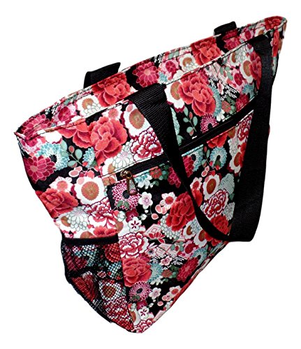 Large Multi - Pocket Fashion Zipper Top Beach Bag Tote - Custom Embroidery Available (Garden Floral)