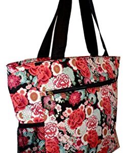 Large Multi - Pocket Fashion Zipper Top Beach Bag Tote - Custom Embroidery Available (Garden Floral)