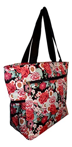 Large Multi - Pocket Fashion Zipper Top Beach Bag Tote - Custom Embroidery Available (Garden Floral)