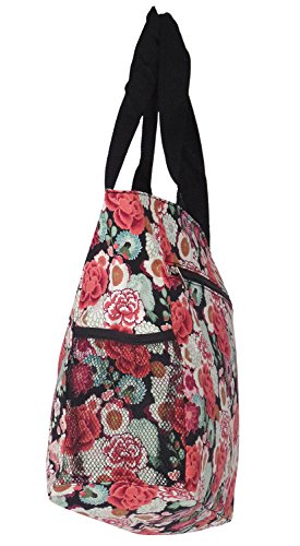 Large Multi - Pocket Fashion Zipper Top Beach Bag Tote - Custom Embroidery Available (Garden Floral)