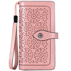 huanlang women wallets large ladies leather wallet with coin pocket rfid wallet organizer for women with wrist strap (pink)
