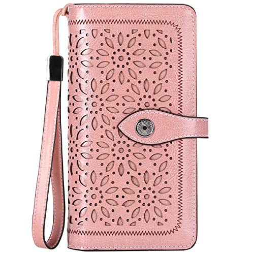 HUANLANG Women Wallets Large Ladies Leather Wallet with Coin Pocket RFID Wallet Organizer for Women with Wrist Strap (Pink)