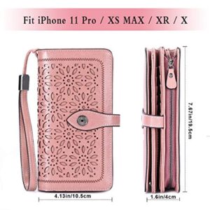 HUANLANG Women Wallets Large Ladies Leather Wallet with Coin Pocket RFID Wallet Organizer for Women with Wrist Strap (Pink)