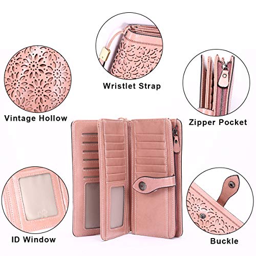 HUANLANG Women Wallets Large Ladies Leather Wallet with Coin Pocket RFID Wallet Organizer for Women with Wrist Strap (Pink)