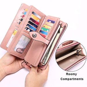 HUANLANG Women Wallets Large Ladies Leather Wallet with Coin Pocket RFID Wallet Organizer for Women with Wrist Strap (Pink)