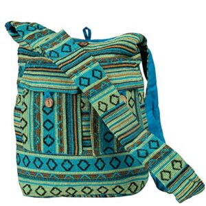 Tribe Azure Blue Aztec Canvas Large Hobo Cross body Shoulder Sling Slouch Casual Shopping Market Bag