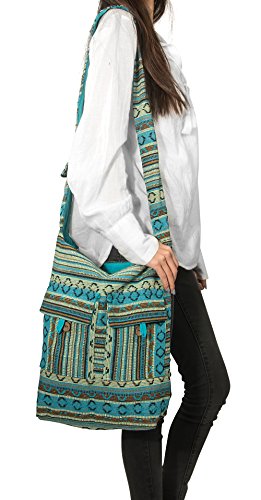 Tribe Azure Blue Aztec Canvas Large Hobo Cross body Shoulder Sling Slouch Casual Shopping Market Bag