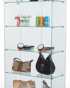 Displays2go Tempered Glass Frameless Design Display Case with 4 Shelves and Black Laminate Base, 31 x 71 x 15-3/4-Inch (IFDC8040BK)