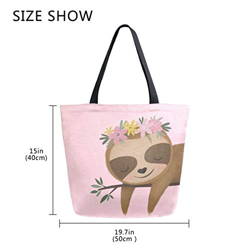 ALAZA Large Canvas Tote Bag Cute Sloth Flower Pink Shopping Shoulder Handbag with Small Zippered Pocket