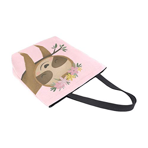 ALAZA Large Canvas Tote Bag Cute Sloth Flower Pink Shopping Shoulder Handbag with Small Zippered Pocket
