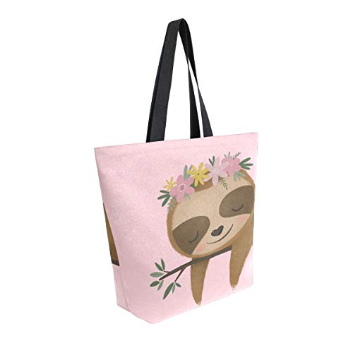 ALAZA Large Canvas Tote Bag Cute Sloth Flower Pink Shopping Shoulder Handbag with Small Zippered Pocket