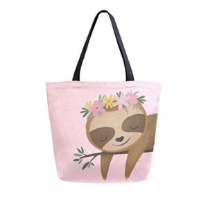 ALAZA Large Canvas Tote Bag Cute Sloth Flower Pink Shopping Shoulder Handbag with Small Zippered Pocket