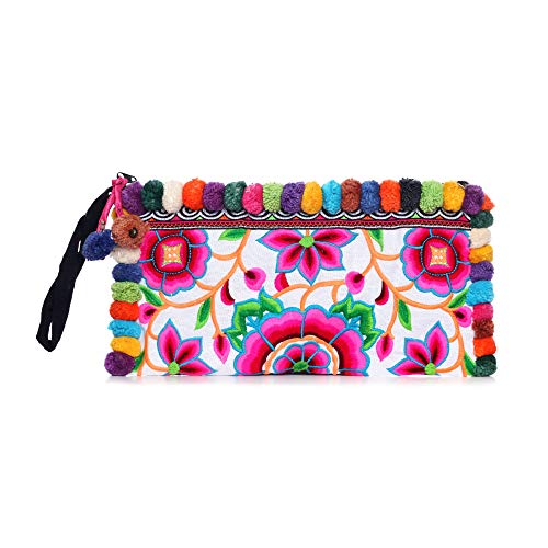 changnoi Handmade Clutch Bag with Hmong Tribes Embroidery (Silkworm White, Multi Pom)