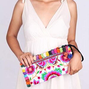 changnoi Handmade Clutch Bag with Hmong Tribes Embroidery (Silkworm White, Multi Pom)