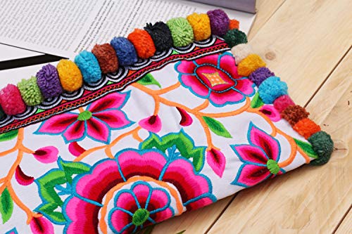 changnoi Handmade Clutch Bag with Hmong Tribes Embroidery (Silkworm White, Multi Pom)