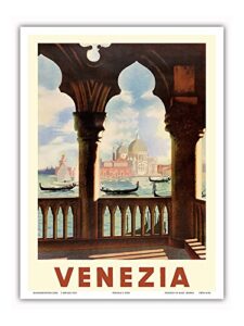 venezia (venice), italy – gondolas on grand canal – st. mark’s basilica (basilica di san marco) – vintage travel poster c.1938 – master art print 9in x 12in