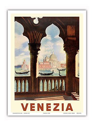 Venezia (Venice), Italy - Gondolas on Grand Canal - St. Mark's Basilica (Basilica di San Marco) - Vintage Travel Poster c.1938 - Master Art Print 9in x 12in