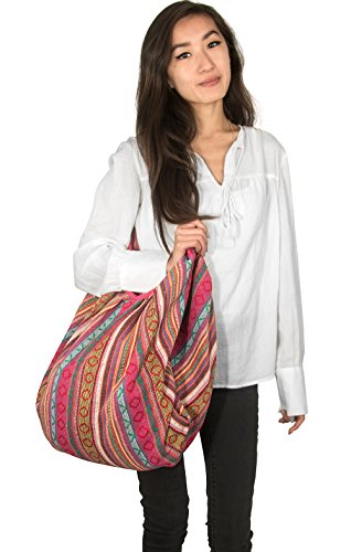 Pink Jacquard Cotton Shoulder Travel Canvas Tote Bag Hobo Style Casual Market Purse Handbag