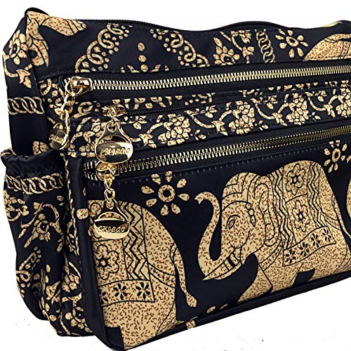 WONSHREE Elephant Purse Multi-Pocket Shoulder Bag Boho Crossbody Bag for Women Unisex Casual Nylon Travel Messenger Bag 11.8 X 7.8 Inch, Black