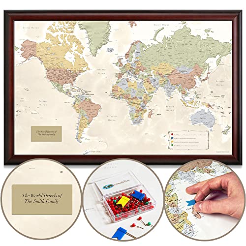 Map Your Travels Deluxe Push Pin World Map | Premium Wood Frame | Personalized Gift Map | Handmade in Minnesota | 33" x 21"