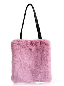 fhqhth faux fur tote bag fluffy shoulder bags for women fuzzy handbag evening bags big capacity [dark pink, magnet]