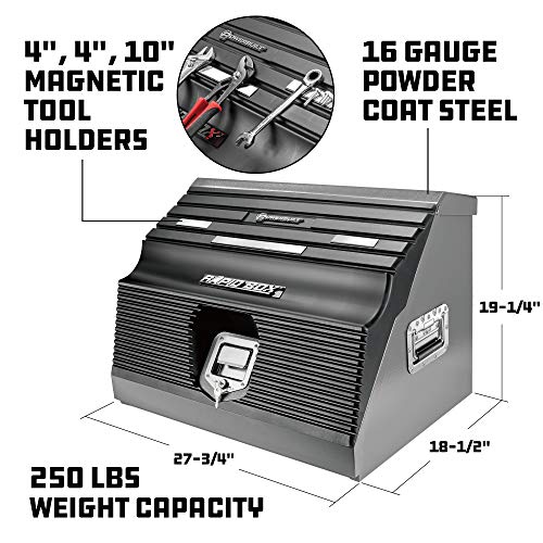 Powerbuilt 26 Inch Portable Slant Front Rapid Toolbox Tiered Stairstep Tool Holders, Magnetic Front Panels, 16 Gauge Steel, Chrome Hardware, Weather-Resistant Lockable Polymer Lid, Grey, 240102