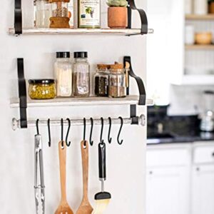 Wall Mounted Floating Spice Shelves with Towel Bar and Removable Hooks, Solid Wood, Rustic Shelving Storage, for Kitchens, Bathrooms and More, Farmhouse Wall Décor, 16.75” Long x 7.5” (White Washed)