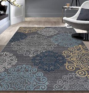 modern floral swirl design non-slip (non-skid) area rug 5 x 7 (5′ 3″ x 7′ 3″) gray