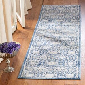 safavieh brentwood collection 2′ x 14′ navy / cream bnt896n floral distressed non-shedding living room bedroom runner rug
