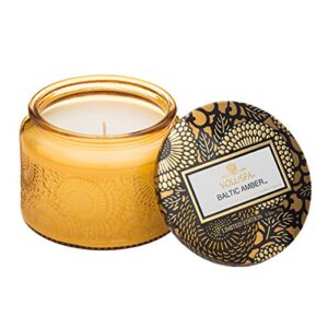 voluspa baltic amber candle | petite embossed glass jar | 3.2 oz. | 25 hr burn time | vegan | coconut wax and natural wicks for clean burning