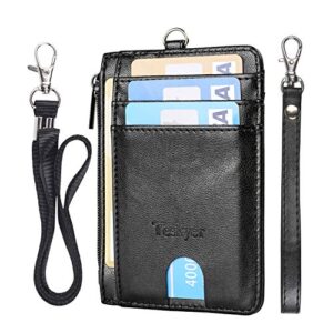 teskyer slim wallet, credit card holder wallet with zip pocket & neck lanyard, minimalist front pocket rfid blocking leather wallet for men & women