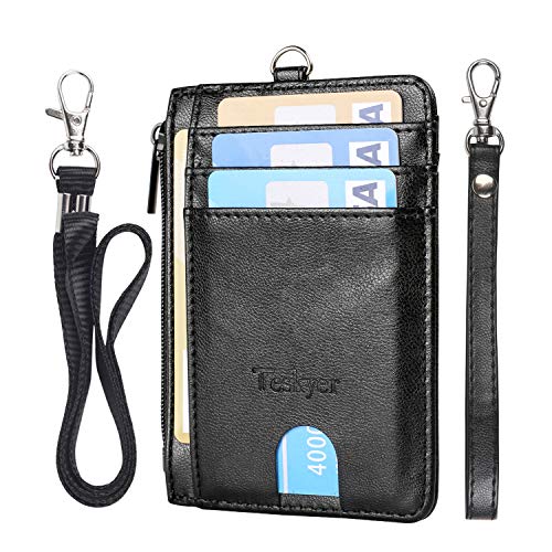 Teskyer Slim Wallet, Credit Card Holder Wallet with Zip Pocket & Neck Lanyard, Minimalist Front Pocket RFID Blocking Leather Wallet for Men & Women