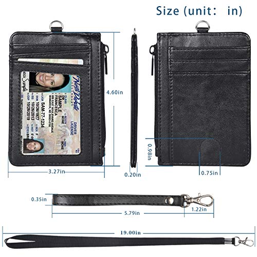 Teskyer Slim Wallet, Credit Card Holder Wallet with Zip Pocket & Neck Lanyard, Minimalist Front Pocket RFID Blocking Leather Wallet for Men & Women