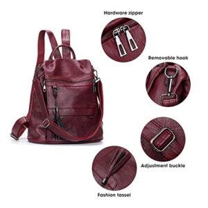 Alovhad Backpack Purse for Women Fashion PU Leather Anti-Theft Shoulder Bag Designer Tassel Rucksack Ladies Tote Handbag (Wine Red)