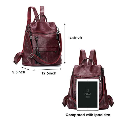 Alovhad Backpack Purse for Women Fashion PU Leather Anti-Theft Shoulder Bag Designer Tassel Rucksack Ladies Tote Handbag (Wine Red)