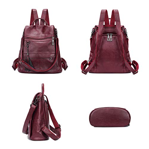 Alovhad Backpack Purse for Women Fashion PU Leather Anti-Theft Shoulder Bag Designer Tassel Rucksack Ladies Tote Handbag (Wine Red)