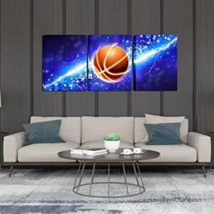 3 Panel Blue Lightning Basketball Camvas Wall Art Paintings for Boys Room Decals,Framed,12x16inchx3 (Blue Basketball)