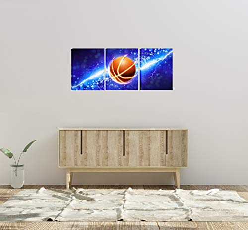 3 Panel Blue Lightning Basketball Camvas Wall Art Paintings for Boys Room Decals,Framed,12x16inchx3 (Blue Basketball)