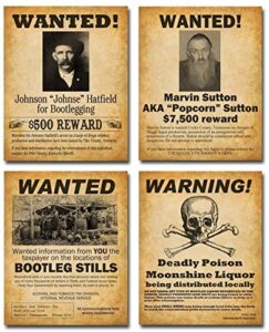 bootleggers wanted posters art prints – set of four photos (8×10) unframed – makes a great bar and drinking establishment decor and gift under $20 for home brewers
