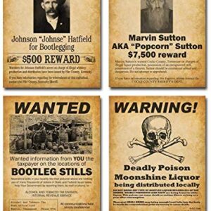 Bootleggers Wanted Posters Art Prints - Set of Four Photos (8x10) Unframed - Makes a Great Bar and Drinking Establishment Decor and Gift Under $20 for Home Brewers