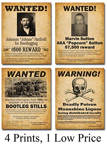 Bootleggers Wanted Posters Art Prints - Set of Four Photos (8x10) Unframed - Makes a Great Bar and Drinking Establishment Decor and Gift Under $20 for Home Brewers