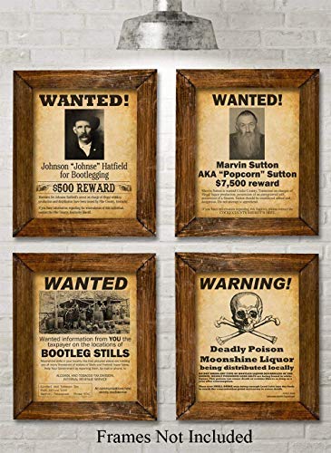 Bootleggers Wanted Posters Art Prints - Set of Four Photos (8x10) Unframed - Makes a Great Bar and Drinking Establishment Decor and Gift Under $20 for Home Brewers