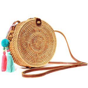 handwoven round rattan bag, leather shoulder strap, two pocket boho bali wicker crossbody handbag