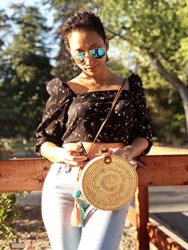 Handwoven Round Rattan Bag, Leather Shoulder Strap, Two Pocket Boho Bali Wicker Crossbody Handbag