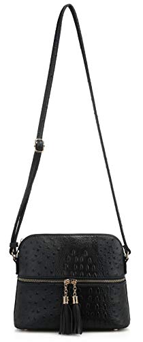 SG SUGU Crocodile Pattern Lightweight Medium Dome Crossbody Bag Shoulder Bag with Tassel | Black