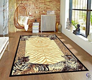 leopard animal skin print with tiger border area rug (5’ 3” x 7’ 5”)